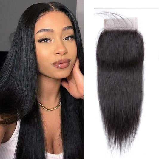 Straight Lace Closure 4X4 Free Part Closure 100% Brazilian Virgin Human Hair Lace Closure Straight Hair Weave with Baby Hair Natural Black Color(10Inch)