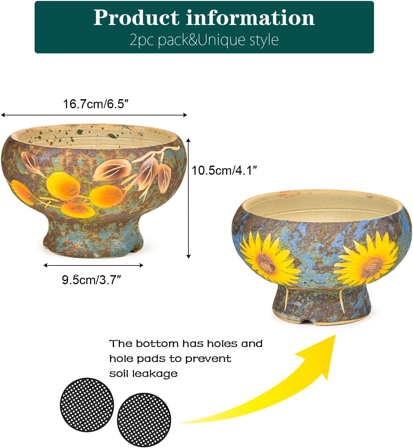 Small Succulent Planters Set of 2, Beautiful Hand Crafted Ceramic Plant Pots Cute Cactus Pot, 6.5 Inch Flower Pots for Indoor Plants with Drainage, Desktop Windowsill Home Office Decor Pots