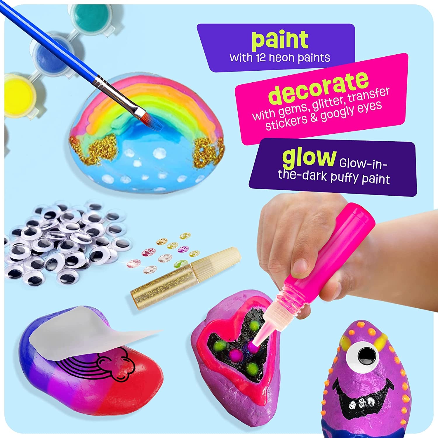 Kids Rock Painting Kit - Glow in the Dark - Arts & Crafts Easter Gifts for Boys and Girls Ages 6-12 - Craft Activities Kits - Creative Art Toys for 6, 7, 8, 9, 10, 11 & 12 Year Old Kids