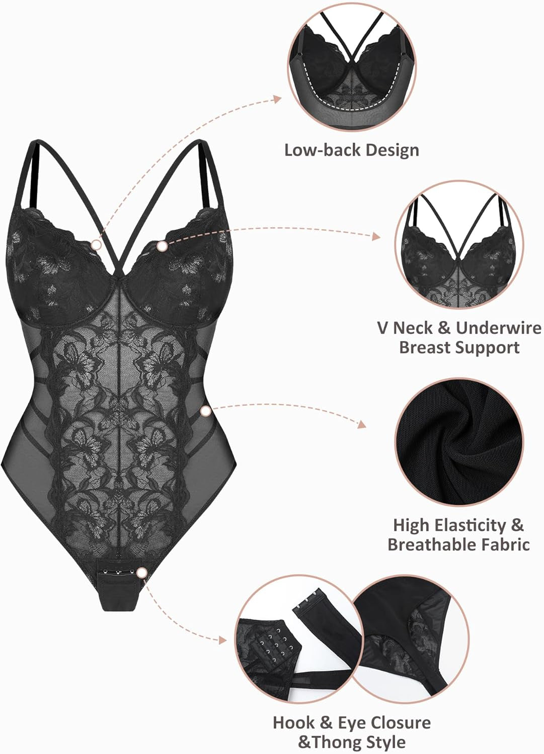 Lace Shapewear Bodysuits for Women V Neck Sleeveless Tops Tummy Control Body Suits Thong Body Shaper