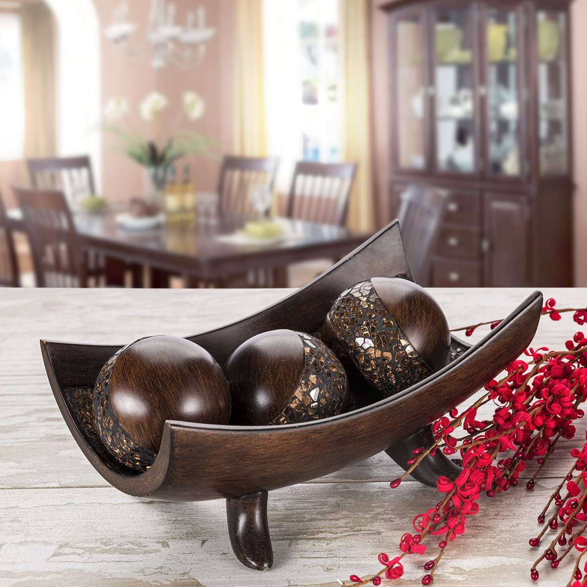Schonwerk Brown Walnut Decorative Orbs for Bowls and Vase Fillers (Set of 3) Resin Sphere Balls for Living, Dining Room, Coffee Table Centerpiece Home Decor - Great Gift Idea