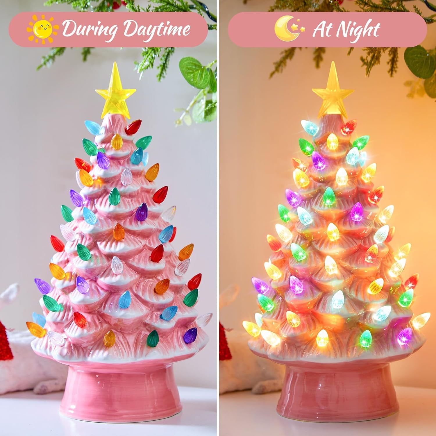 13 Inch Ceramic Christmas Tree, Pre-Lit Tabletop Christmas Tree with Multicolored LED Lights and Star, Battery Operated Valentine'S Day Lighted Ceramic Tree for Home Table Holiday Decorations