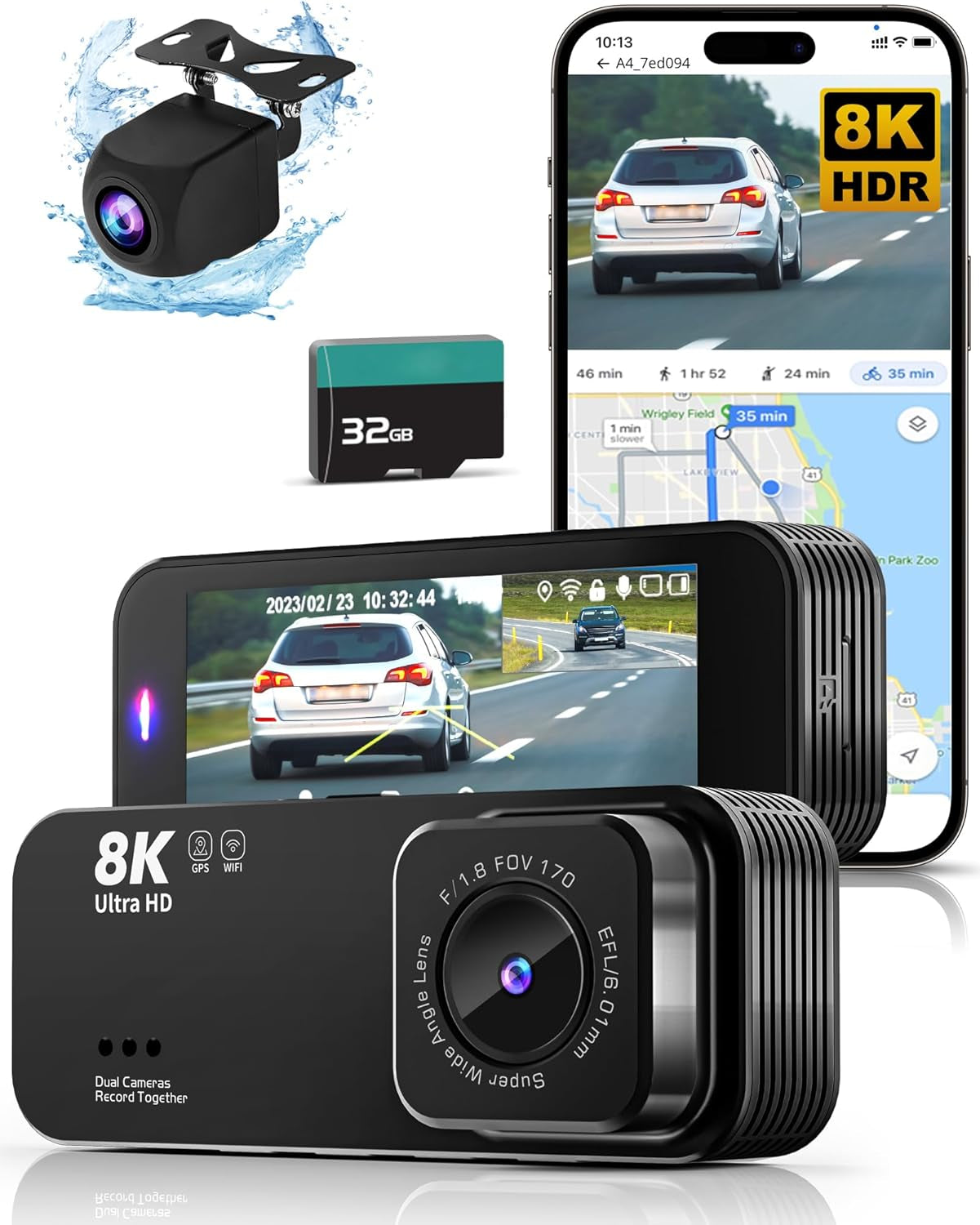 Dash Cam Front and Rear, 8K UHD/2.5K FHD Dash Cam, Dash Camera for Cars, Free 32GB Card, Build in GPS & Wifi,3.16" IPS Screen, 170°Wide Angle, WDR, Night Vision, 24Hrs Parking Mode