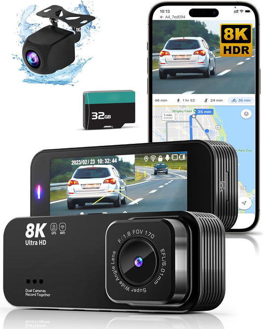Dash Cam Front and Rear, 8K UHD/2.5K FHD Dash Cam, Dash Camera for Cars, Free 32GB Card, Build in GPS & Wifi,3.16" IPS Screen, 170°Wide Angle, WDR, Night Vision, 24Hrs Parking Mode
