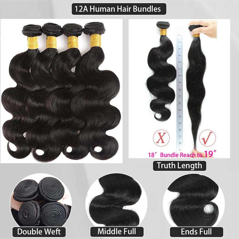 12A Body Wave Bundles Human Hair 16 18 20 22 4 Bundles Human Hair 100% Brazilian Human Hair Bundles Weave Bundles Deals Real Human Hair Natural Black Color for Women