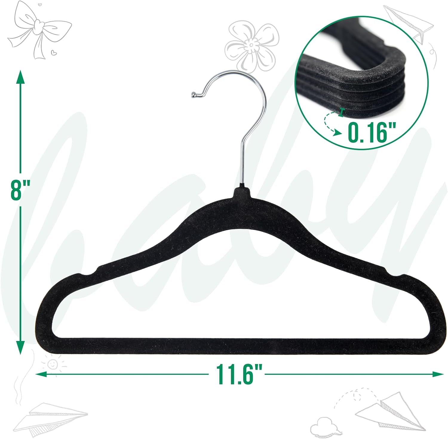 Baby Clothes Hanger, 11.6 Inch Kids Black Velvet Hanger, Non Slip Children Felt Hanger, Toddler Hanger for Infant Closet Space Saving (Black, 60Pack)