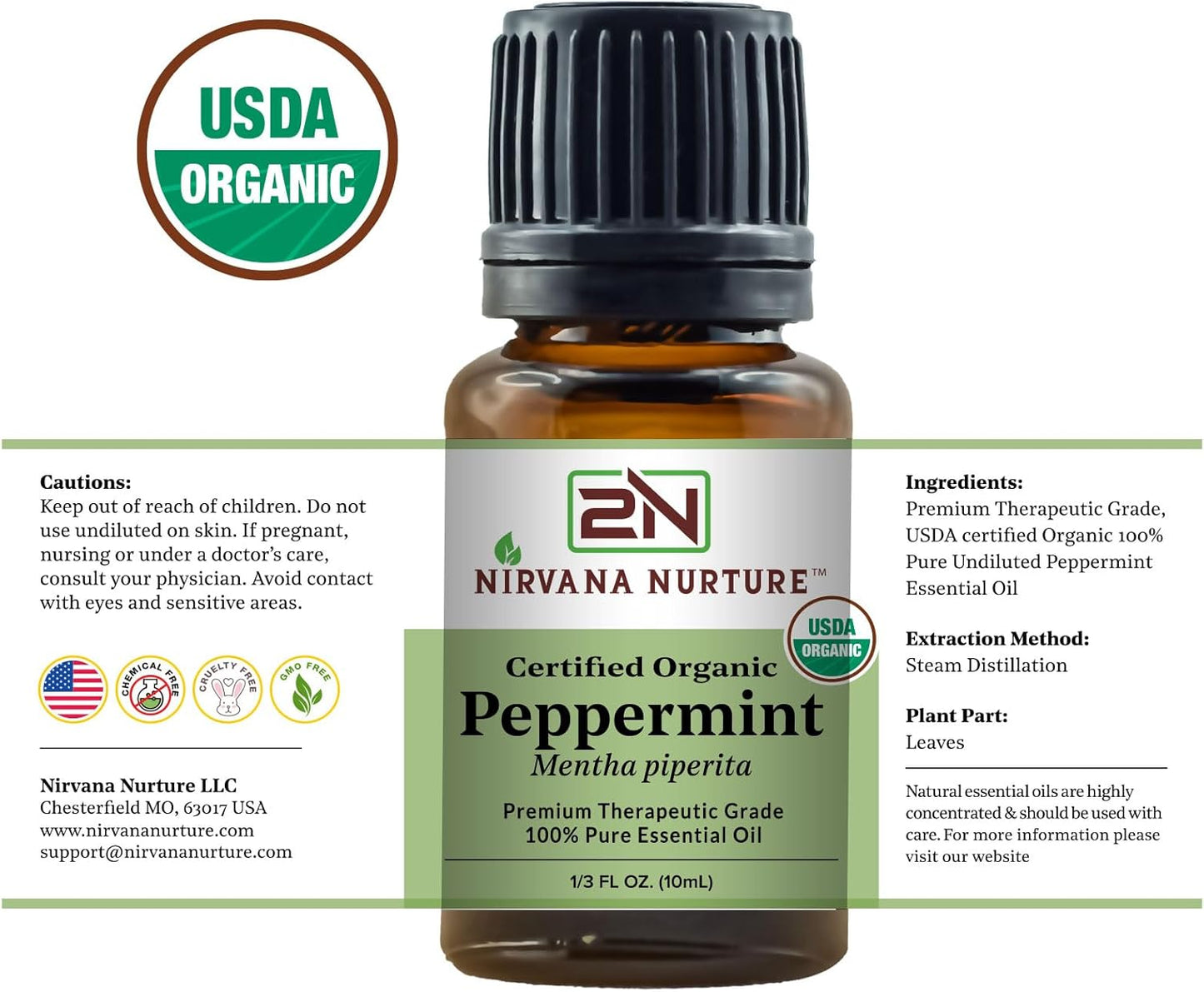 Peppermint Essential Oil USDA Certified Organic 100% Pure Premium Therapeutic Grade, Undiluted - Aromatherapy Diffuser for Calm and Relaxation, Skin Care, Hair Care TLBH