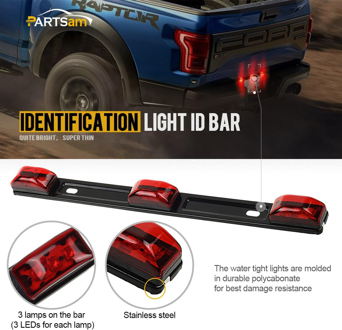 Red Clearance ID BAR Marker Light 3 Light 9 LED Trailer Sealed Stainless Steel, [DOT Approved] Sealed 3-Light Truck and Trailer Identification LED Light Bar Red Led Strip W/Black Base