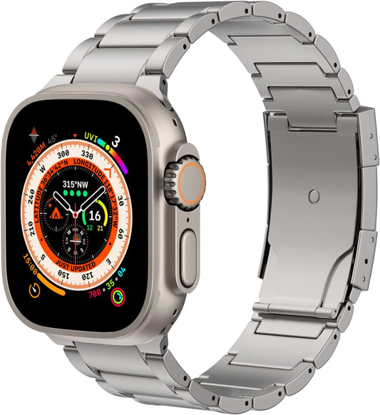 Titanium Band Compatible with Apple Watch Band 49Mm 45Mm 44Mm 42Mm Iwatch Ultra2 Ultra SE 2 SE Series 9 8 7 6 5 4 3 2 1, Titanium Replacement Watch Band with Folding Clasp, Silver