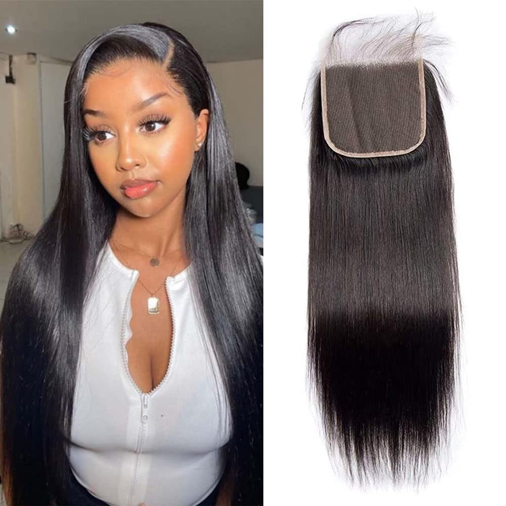 Straight Lace Closure Human Hair 4X4 Free Part Lace Closure 100% Unprocessed Brazilian Virgin Human Hair Extensions 150% Density 8 Inch Lace Closure Pre Plucked Natural Black