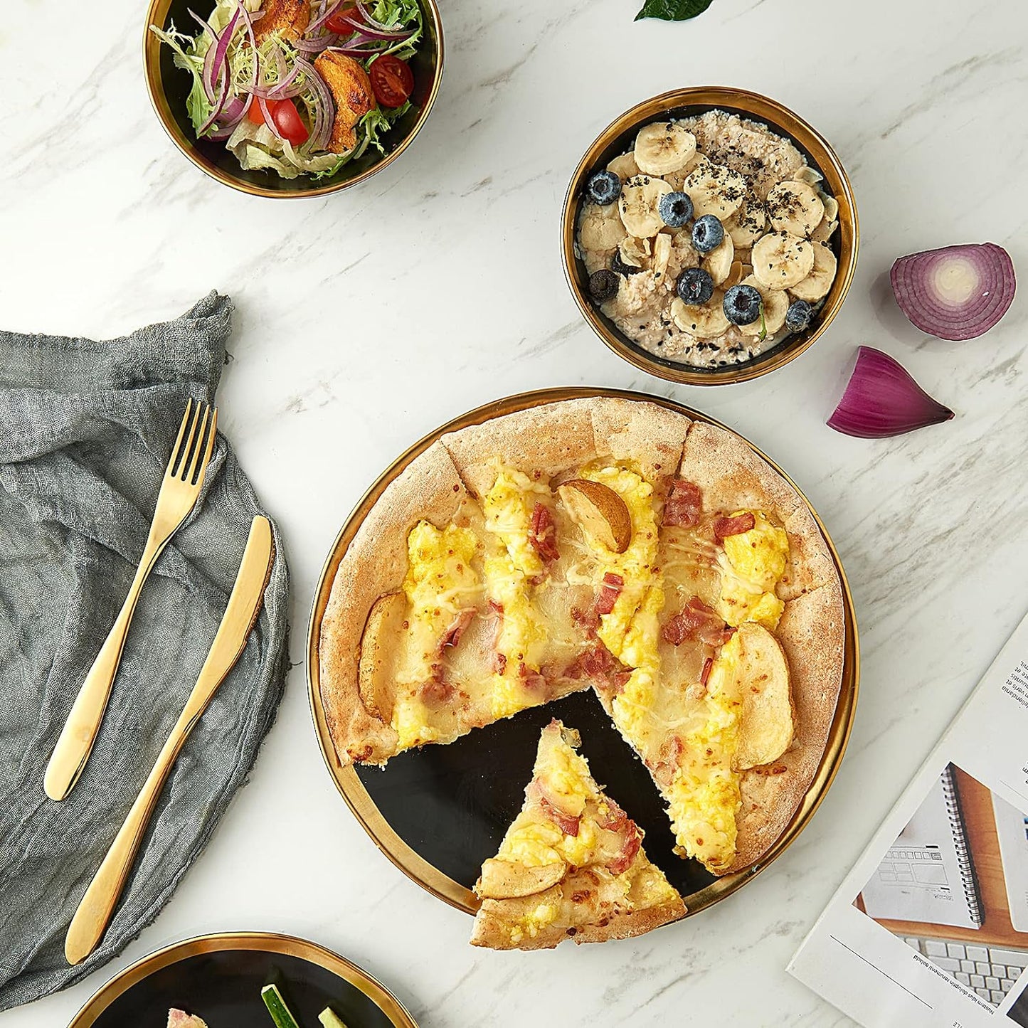 Matte Black Plates and Bowls Sets, 12 Piece Dinnerware Sets Service for 4, Dishes, round Dinner Plates, Bowls, Golden Rim Dish Set for Home Decor