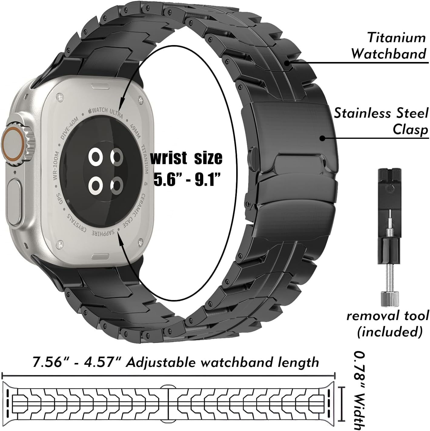 Titanium Band Compatible with Apple Watch Ultra & Ultra 2 (49Mm, 45Mm, 44Mm, 42Mm) - Adjustable Lightweight Titanium Metal Replacement Strap with Folding Clasp for Men and Women