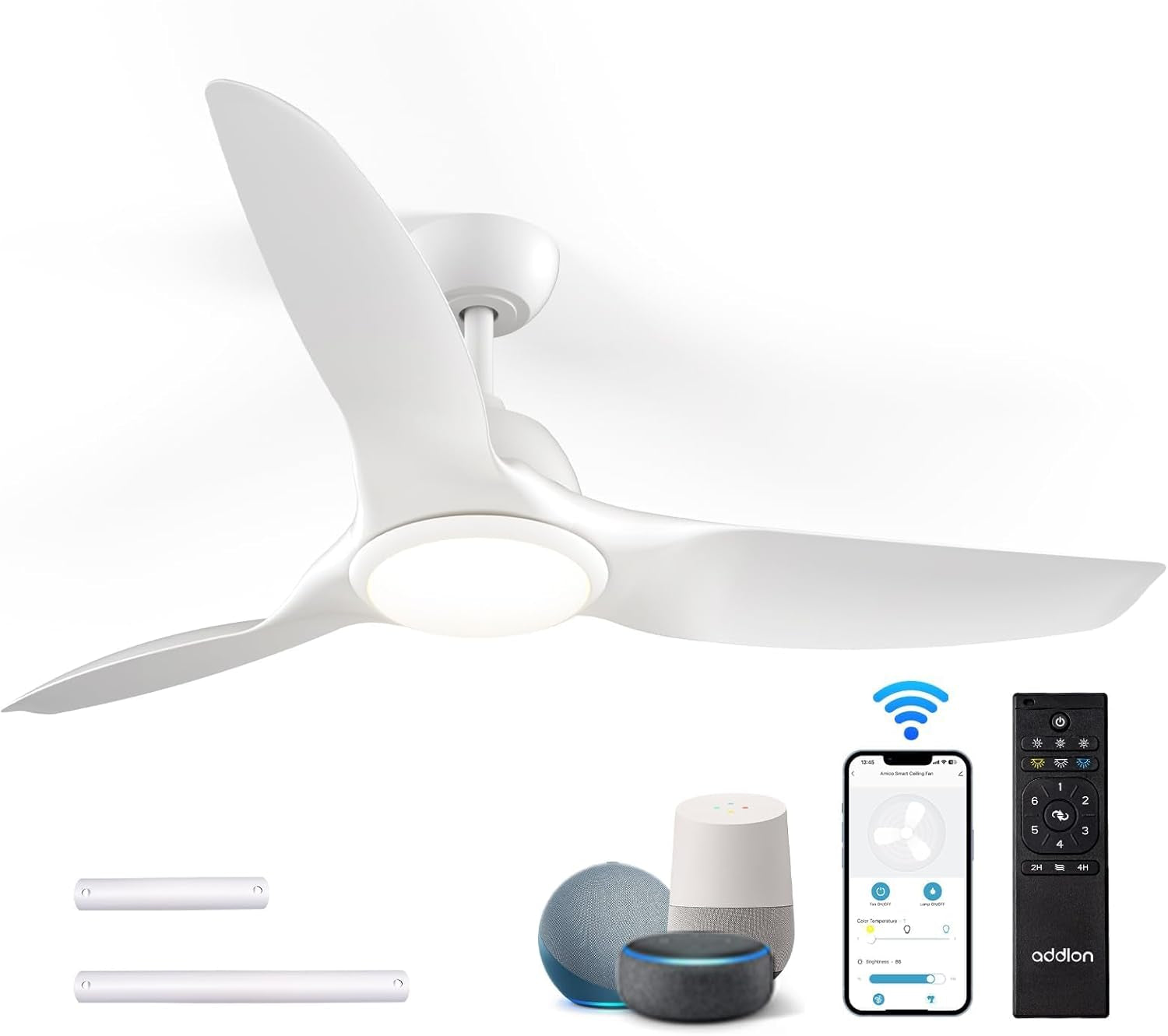 Ceiling Fans with Lights, 52 Inch Smart Ceiling Fan with Remote/App/Alexa Control, Reversible DC Motor, 6 Speeds, 3CCT Dimmable, Noiseless, White Wifi Ceiling Fan for Bedroom, Farmhouse