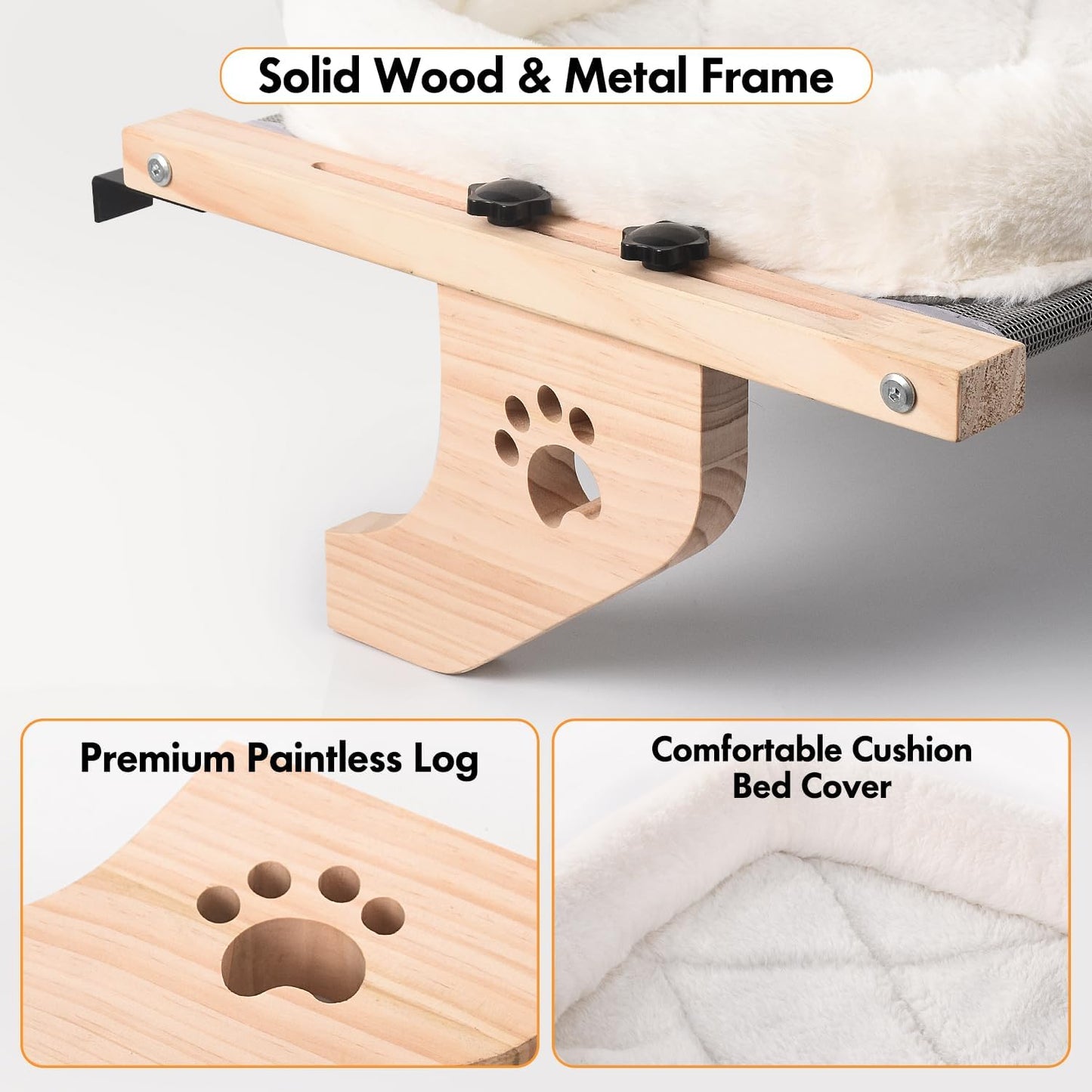 Cat Sill Window Perch Sturdy Hammock Seat with Cushion Bed Cover, Wood & Metal Frame for Large Cats, Easy to Adjust Windowsill, Bedside, Drawer and Cabinet(Cushion Bed)