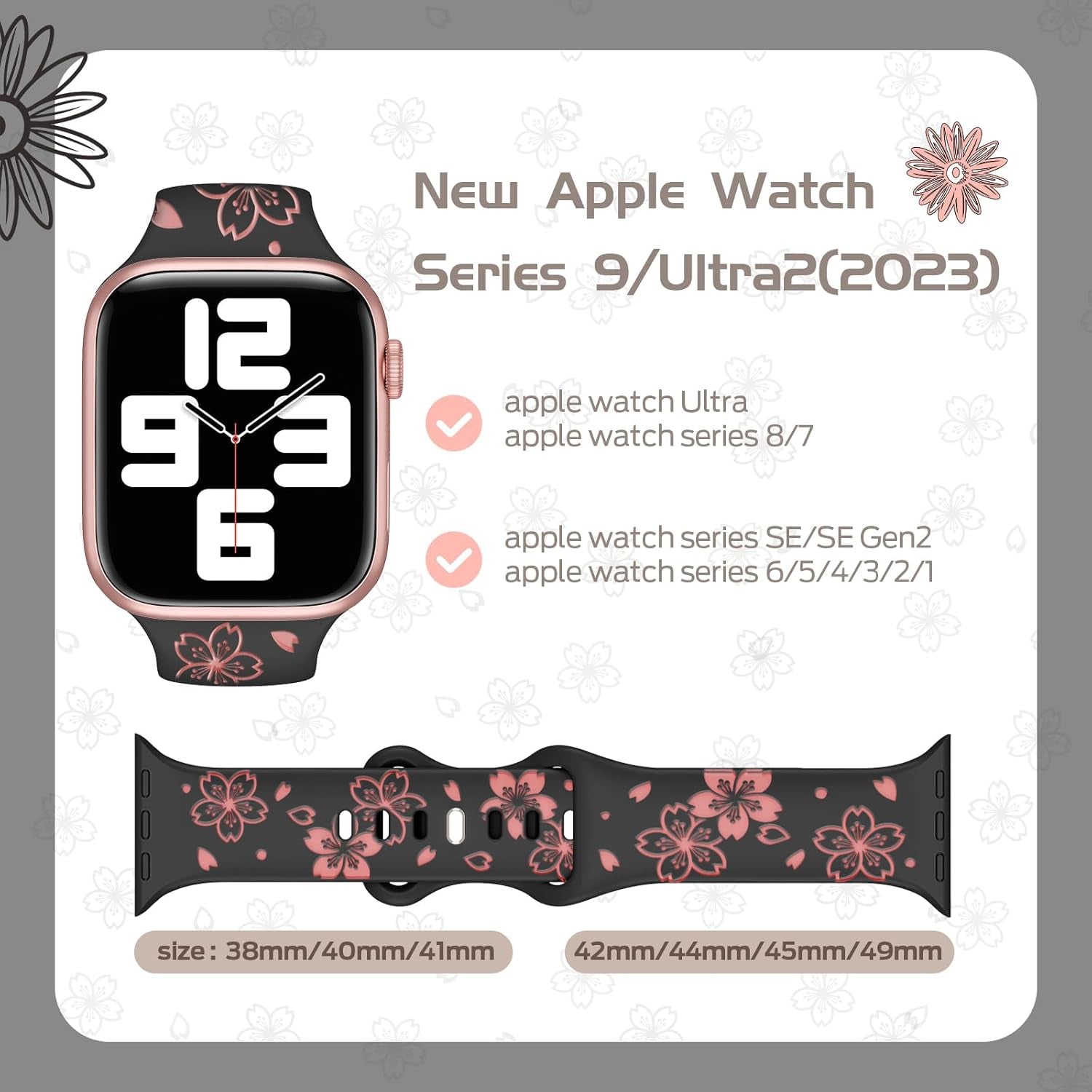 Designer Floral Engraved Band Compatible with Apple Watch Bands 40Mm 38Mm 41Mm 44/45/42Mm,Two-Tone Flower Soft Silicone Sport Strap for Iwatch Series 9 Ultra SE 8 7 6 5 4 3 2 Women Black