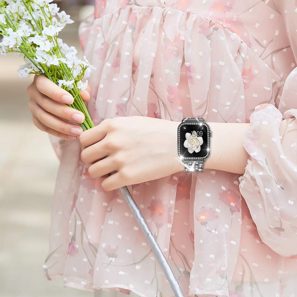 Compatible with Apple Watch Band 38Mm 40Mm 41Mm 42Mm 44Mm 45Mm 49Mm+ Case, Women Jewelry Bling Diamond Rhinestone Replacement Metal Strap& 2 Pack PC Protector Case for Iwatch Ultra 2/ Ultra Series 9/8/7/6/5/4/3/2/1/SE