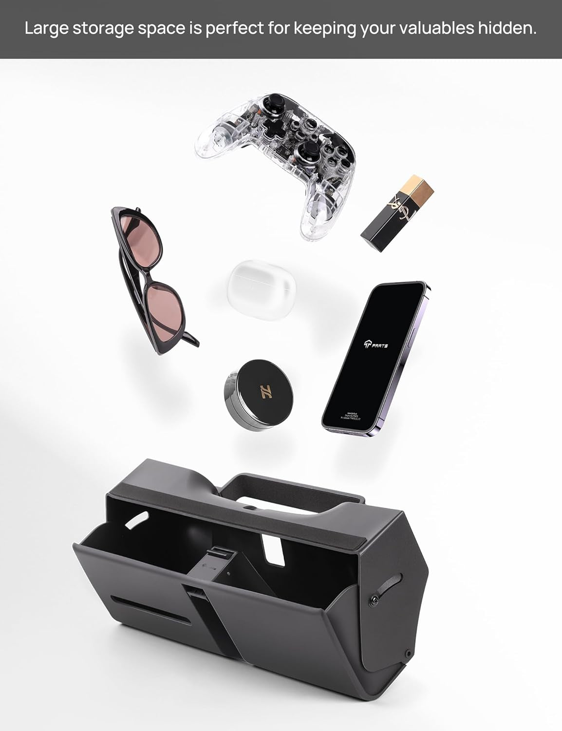 Hidden under Screen Storage Box for Tesla Model 3 Model Y with Open-Close Design, Magnetic Center Console Organizer Dashboard Tissue Sunglass Holder