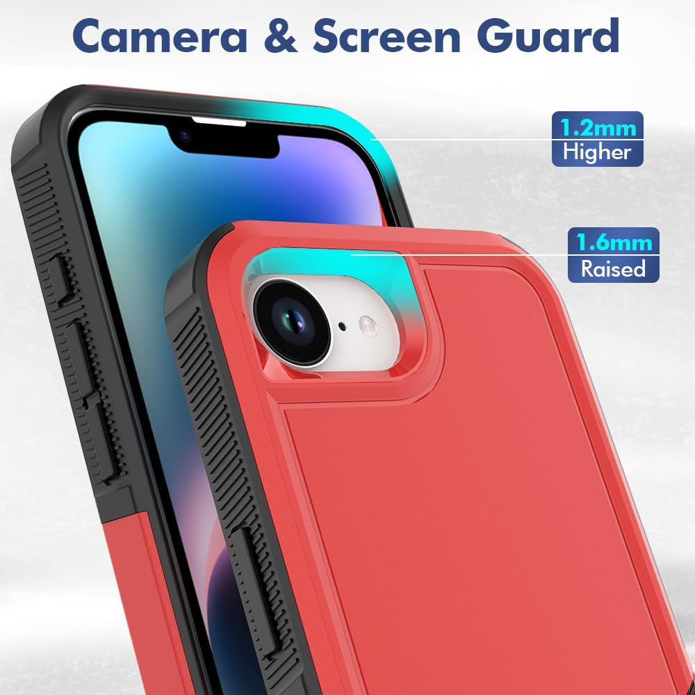Iphone 16E Case: Dual Layer Protective Heavy Duty Cell Phone Cover Shockproof Rugged with HD Screen Protector - Military Protection Bumper Tough - Apple Iphone 16E / SE 2025 / SE4, Red