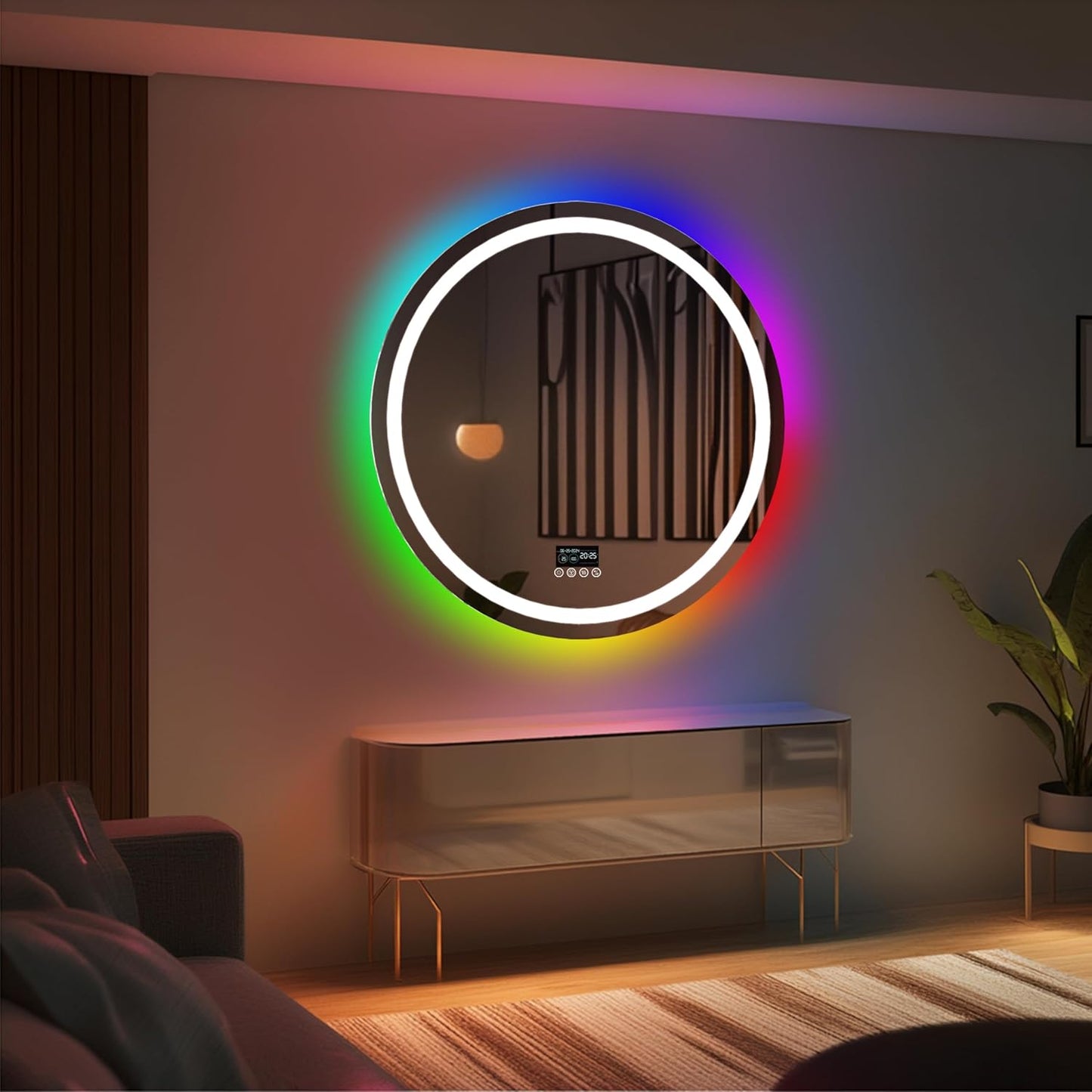 Front Lighted RGB Backlit Bluetooth Mirror: 32 Inch round Dimmable 11 Colors Smart Anti-Fog Bathroom Mirrors with Bluetooth Speaker - Wall Mounted LED Mirror with Digital Display