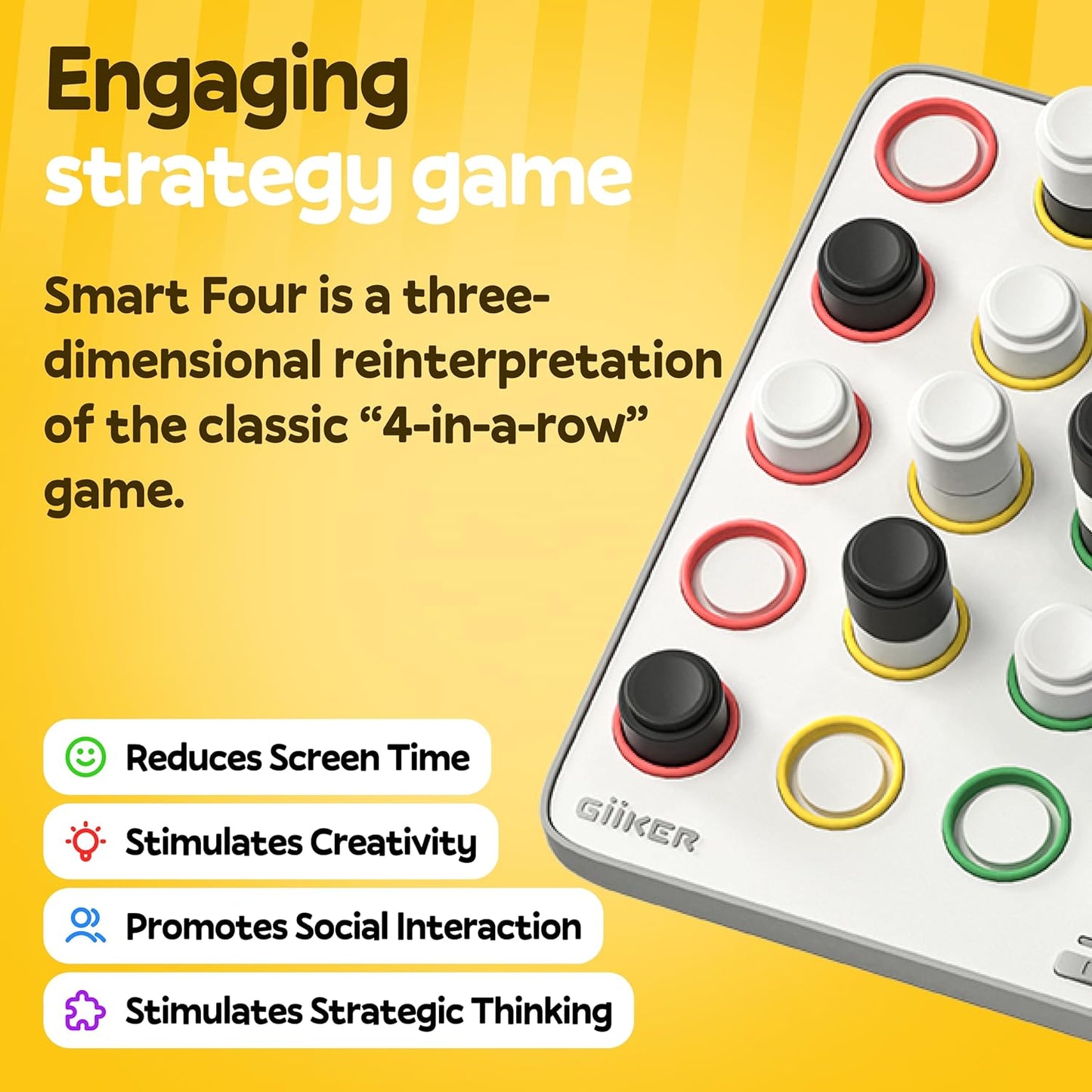 Smart Four, 3D Ai-Powered 4 in a Row Game, Strategy Board Games with Integrated Referee for 1-2 Players, Travel Games for Ages 6-12 and Up, Birthday Gift for Kids Family Game Night