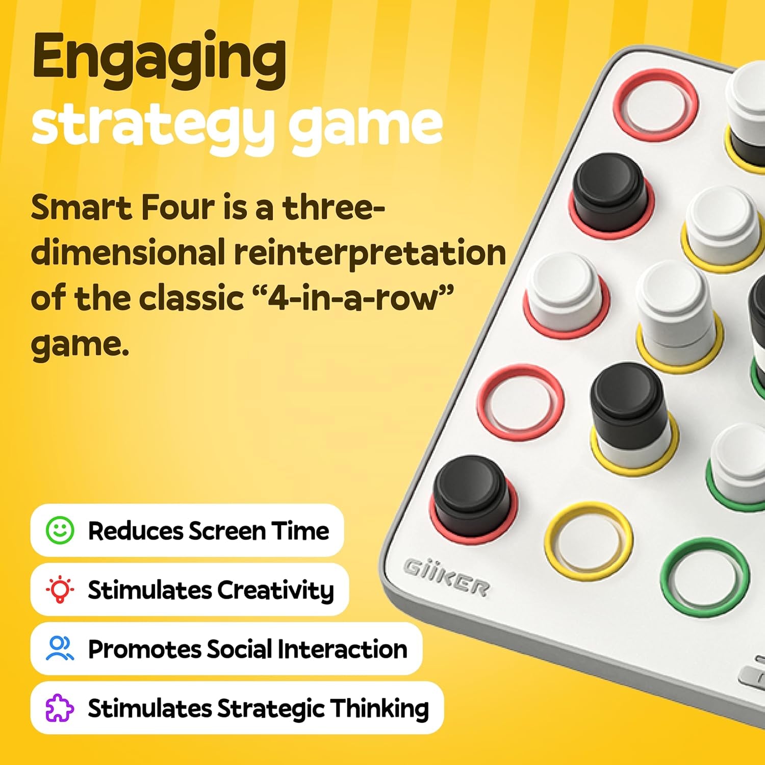 Smart Four, 3D Ai-Powered 4 in a Row Game, Strategy Board Games with Integrated Referee for 1-2 Players, Travel Games for Ages 6-12 and Up, Birthday Gift for Kids Family Game Night