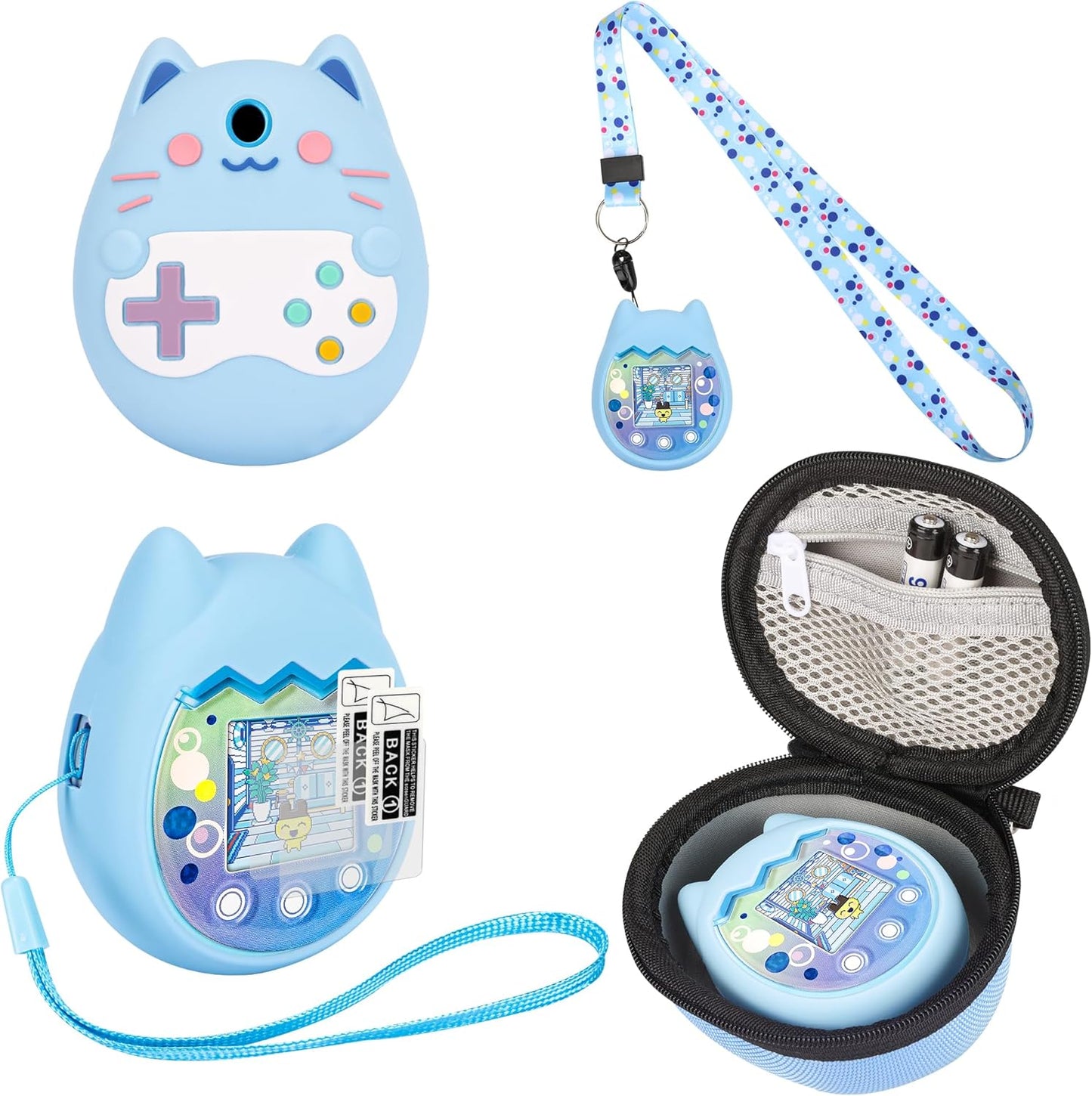 Carrying Case and Silicone Cover Compatible with Tamagotchi Pix Virtual Pet Game Machine, (5-In-1) Silicone Cover for Tamagotchi Pix, with Finger Lanyard and Screen Protector (Blue) ZOUSA