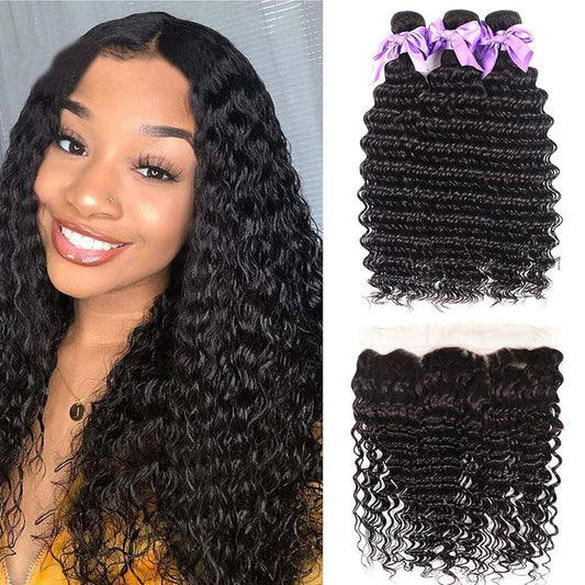 Brazilian Hair Deep Wave 3 Bundles with Frontal 13X4 Free Part Lace Frontal 100% Virgin Human Hair Bundles Brazilian Hair Extensions Natural Black Color (16 18 20+14)