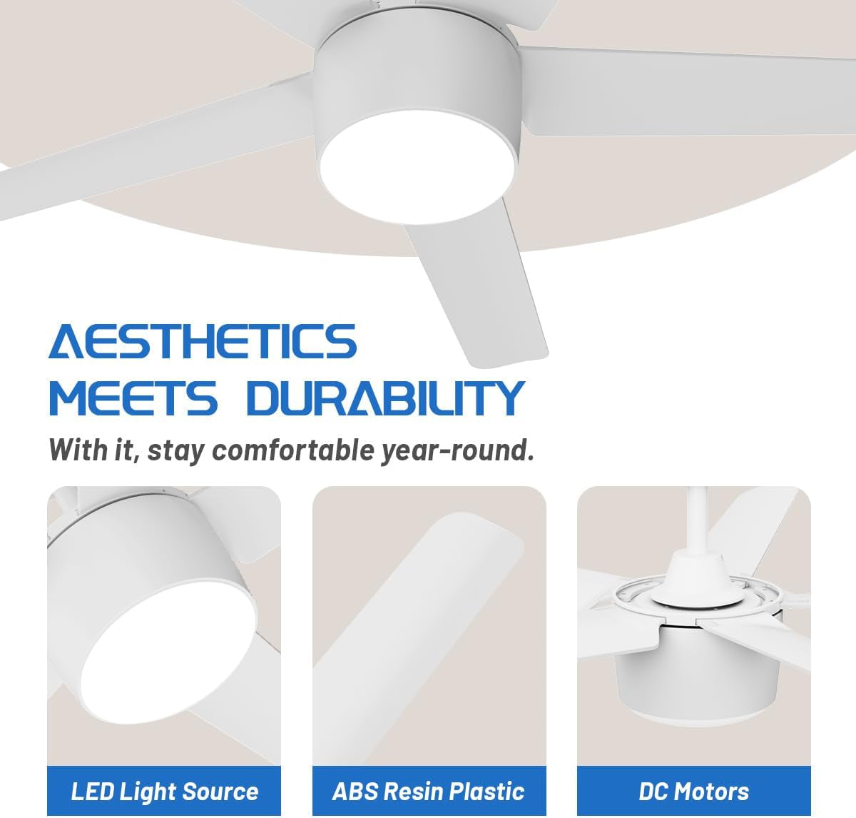 52-Inch Smart Ceiling Fan with Light, DC Reversible Motor Noiseless Timing 3CCT Dimmable, White Ceiling Fan Compatible with Alexa Smart Tuya App for Living Room Indoor & Outdoor Garage Shop ETL