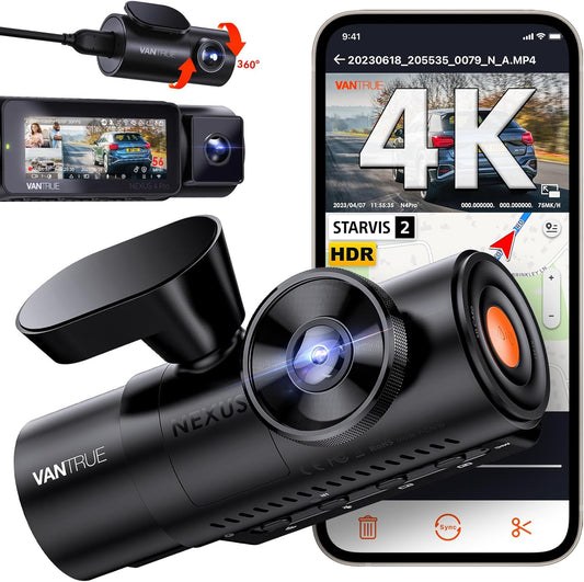 N4 Pro 3 Channel 4K Wifi Dash Cam, STARVIS 2 IMX678 Night Vision, 4K+1080P+1080P Front inside and Rear Triple Car Camera, Voice Control, GPS, 4K HDR, 24 Hours Parking Mode, Support 512GB Max