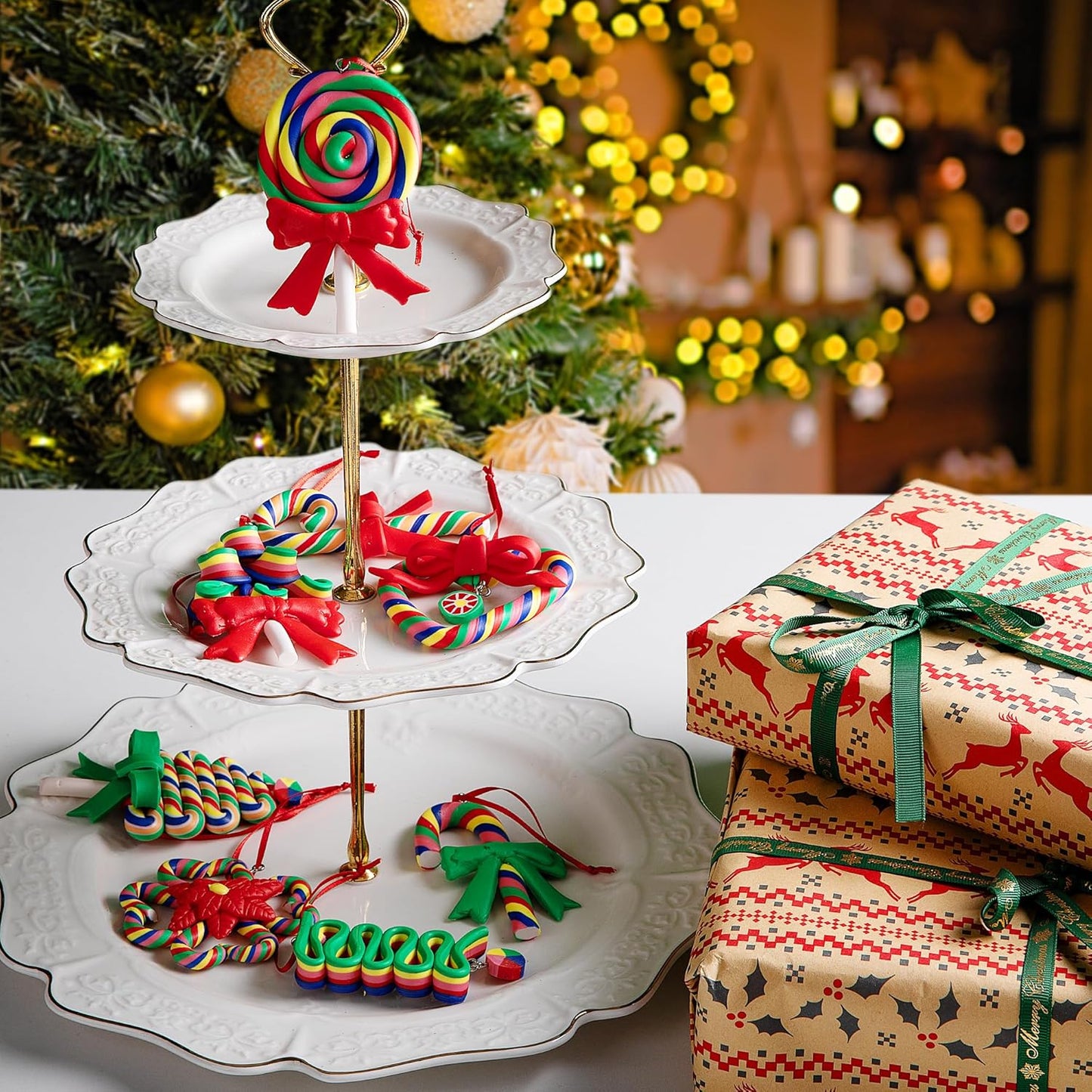 8 Pcs Christmas Lollipop Ornaments- Rainbow Candy Cane Hanging Ornaments for Christmas Tree- Christmas Candies Polymer Clay Ornament for Xmas Tree Party Decoration