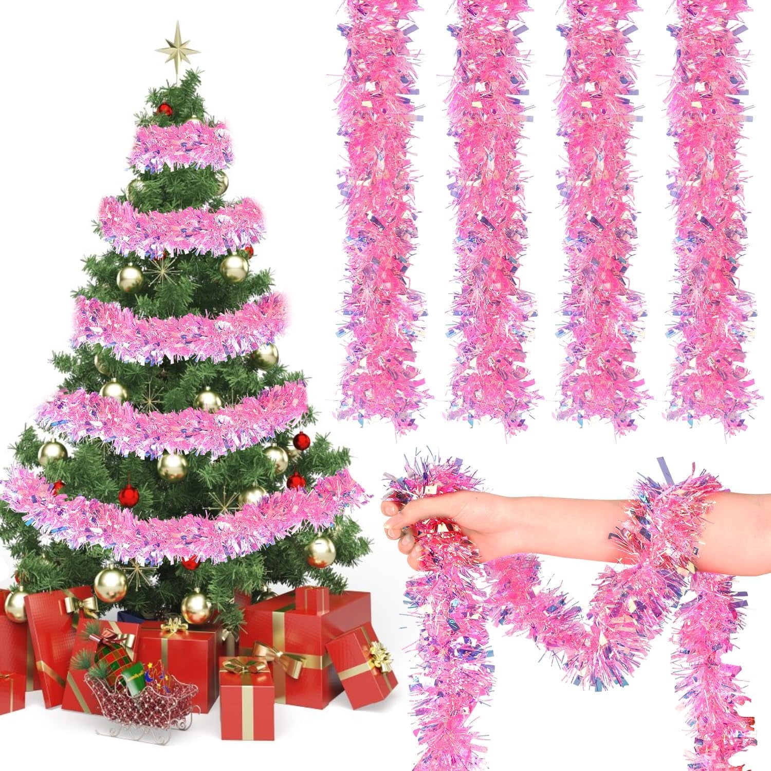 32.8 Ft Pink Christmas Tinsel Garland, Glitter Twist Tinsel for Xmas Tree Party Fireplace Wedding Supplies Decoration