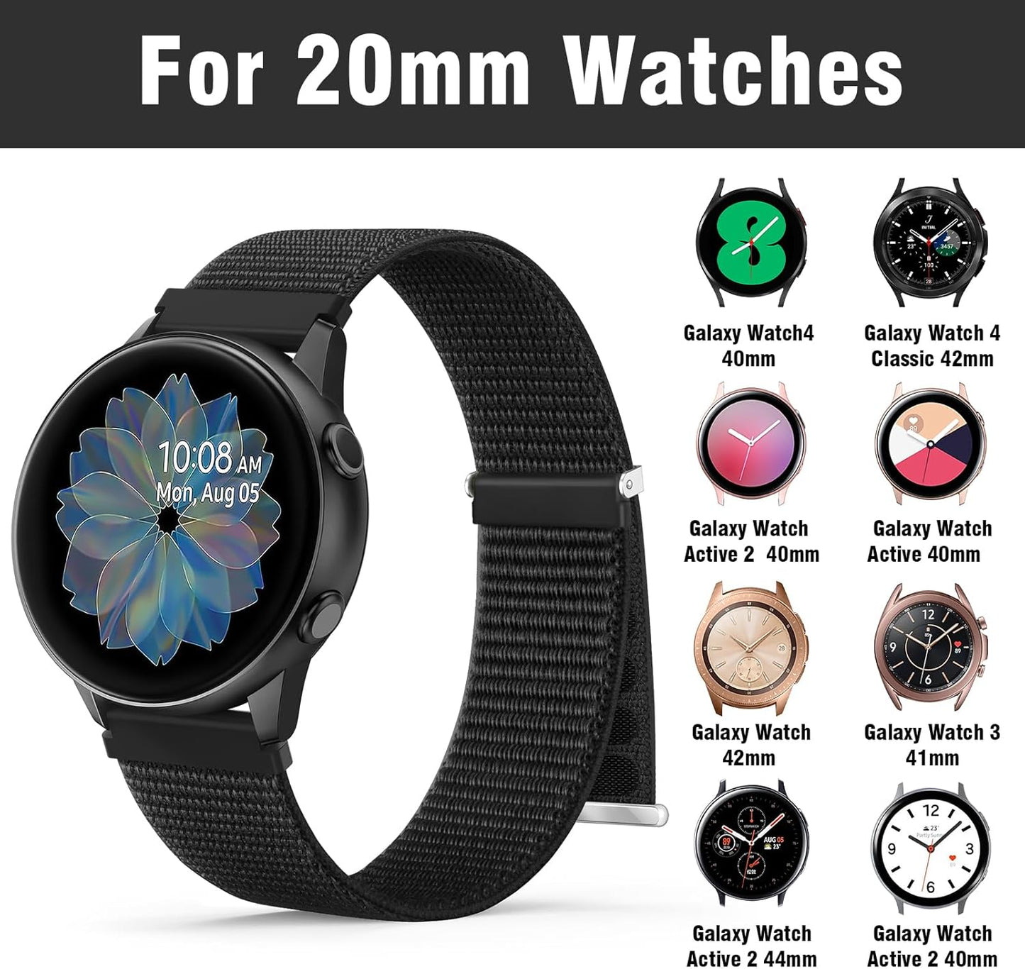 Nylon Loop 20Mm Compatible with Samsung Galaxy Watch 6/5/4 Band 40Mm 44Mm,Galaxy Watch 5 Pro 45Mm,Galaxy Active 2,Galaxy Watch 3, Sport Nylon Breathable Replacement Straps for Women Men