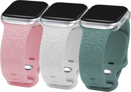 Compatible with Watch Bands 38Mm 40Mm 41Mm 42Mm 44Mm 45Mm,Engraved Skull Silicone Band for Iwatch Series 7/6/5/4/3/2/1/SE
