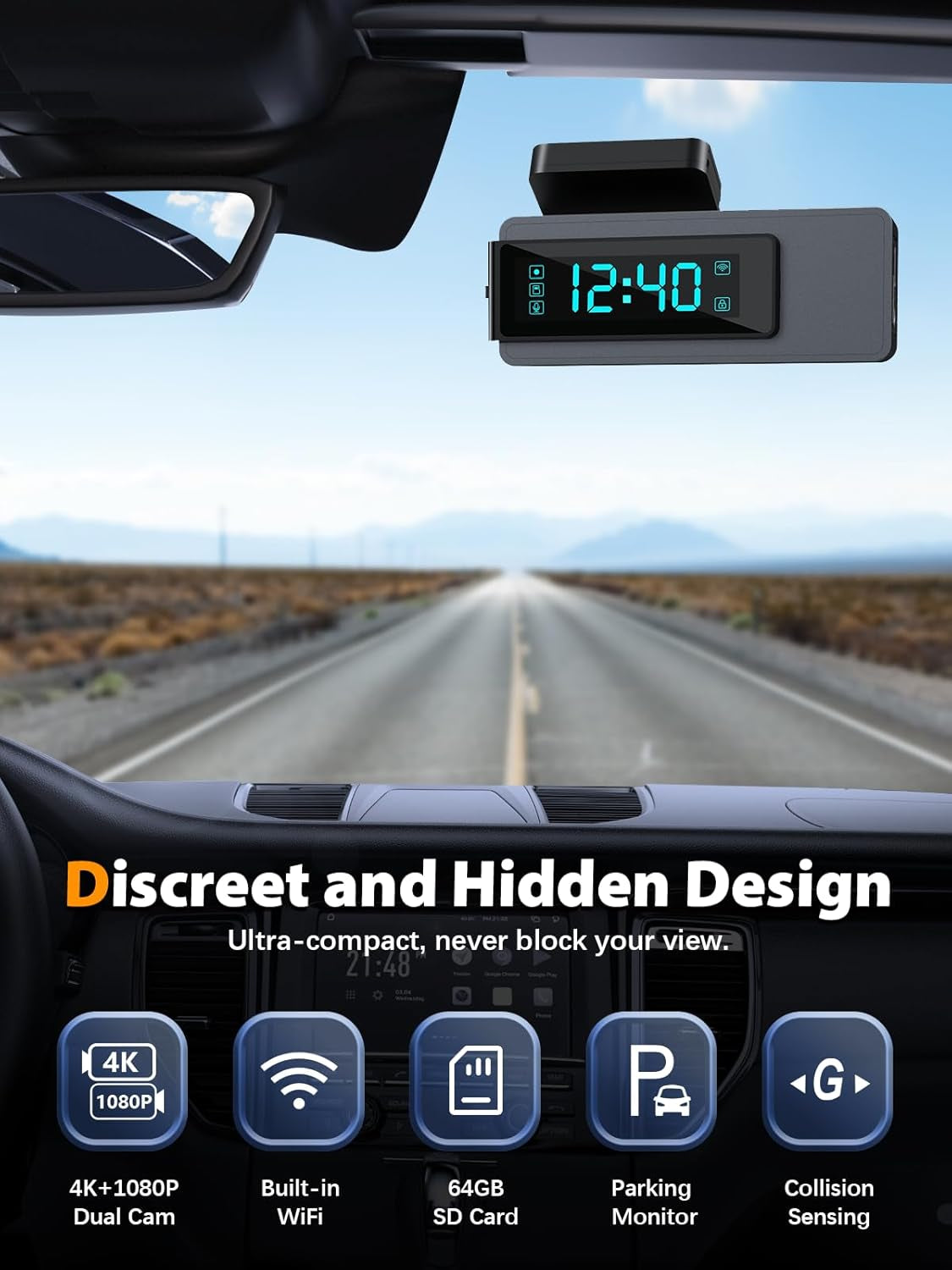 Dash Cam Front and Rear 4K+1080P, Free 64GB Card, Built-In Wifi, Dash Camera for Cars, Car Camera, Dual Dashcams for Cars with Night Vision, 24 Hours Parking Monitor, Loop Recording