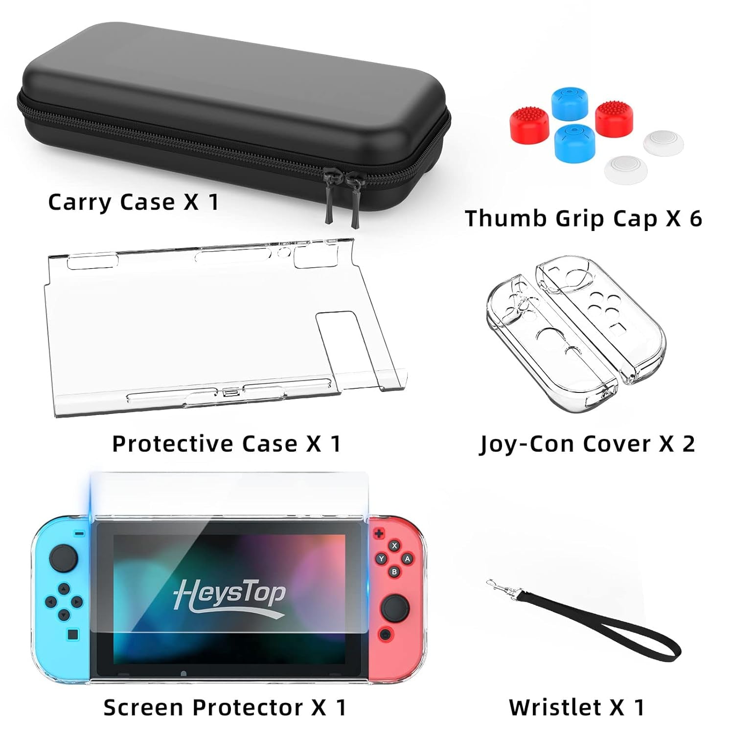 Switch Case Compatible with Nintendo Switch, 9 in 1 Switch Accessories Kit with Carrying Case, Dockable Protective Case, HD Screen Protector and 6Pcs Thumb Grips Caps