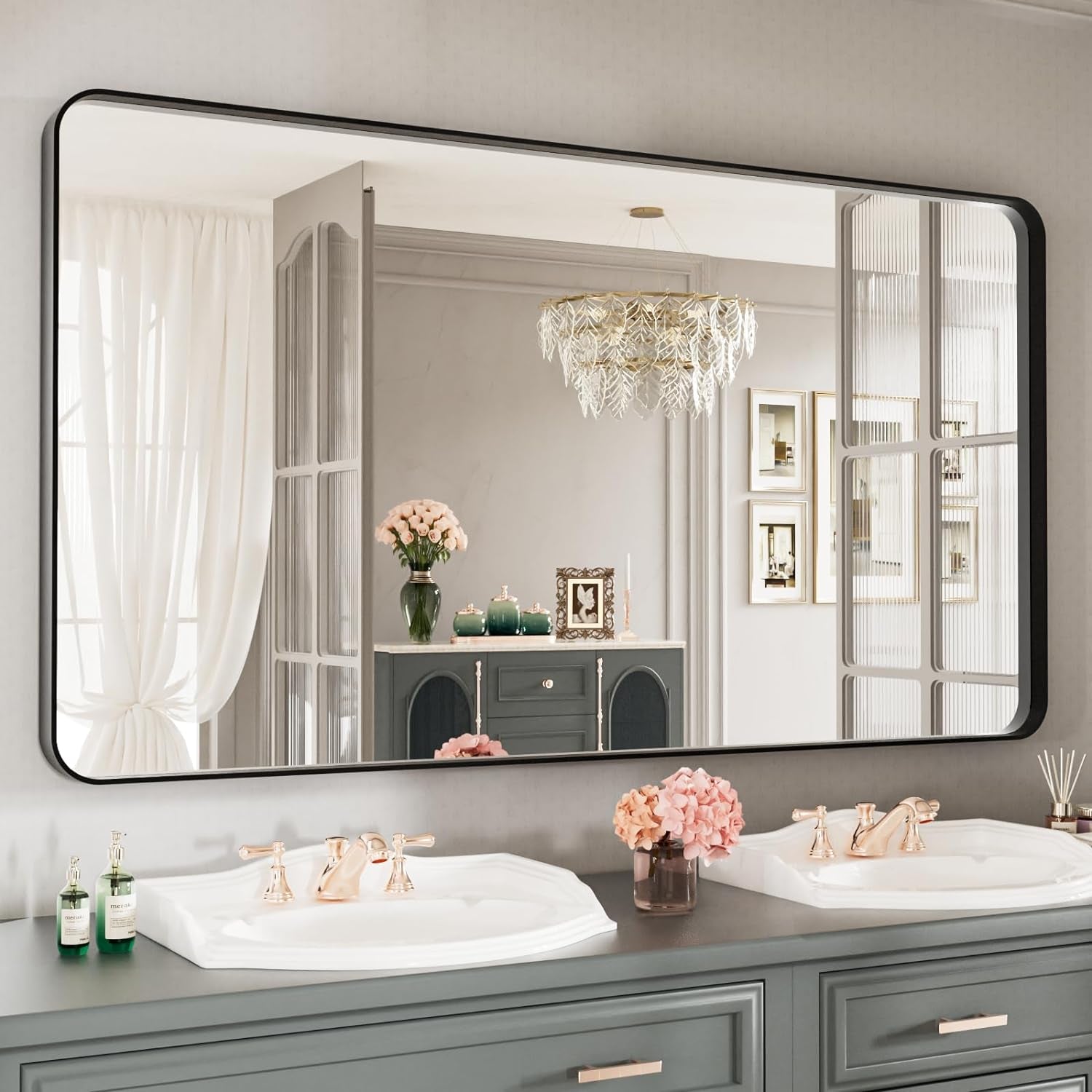 50X30 Inch Black Metal Framed Bathroom Mirror for Wall, Matte Black Bathroom Vanity Mirror Farmhouse, Large Rounded Rectangle Mirror, Anti-Rust, Tempered Glass, Hangs Horizontally or Vertically