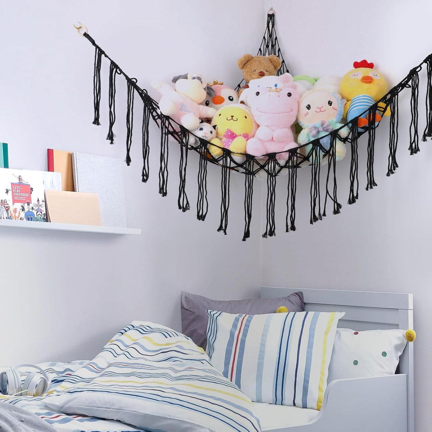 Boho Stuffed Animals Net or Hammock Large,55 Inch Toy Hammock Macrame Stuff Animal Storage Corner Hanging Net Holder,Mesh Hammock Plush Toy Organizer with Hooks for Bedroom,Nursery (Black)