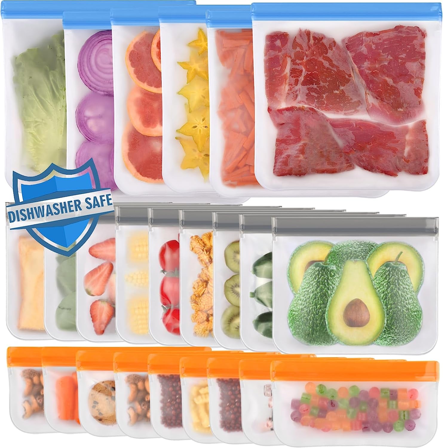 10 Pack Dishwasher Safe Reusable Bags Silicone, Leakproof Reusable Freezer Bags, BPA Free Reusable Storage Bags for Lunch Marinate Food Travel - 3 Gallon 4 Sandwich 3 Snack Bags