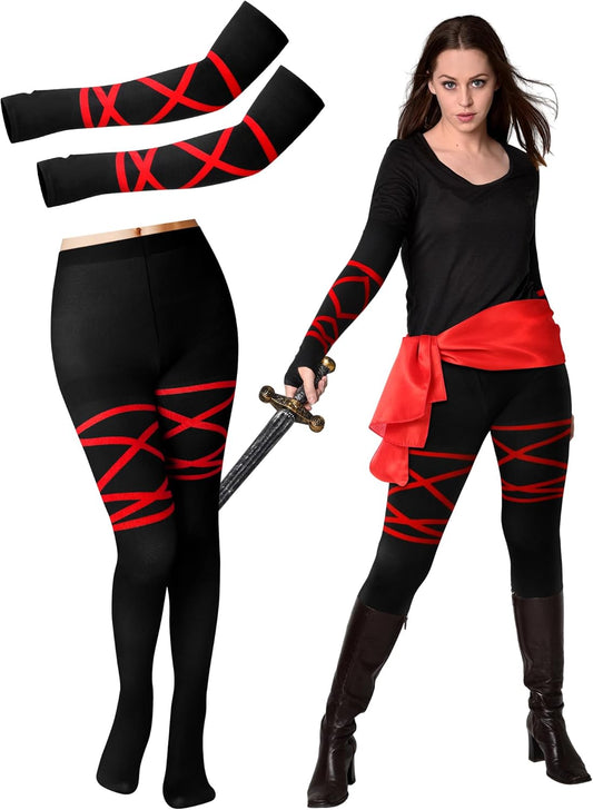 2 Pcs Halloween Ninja Costume Accessories Sash Printed Leggings Arm Sleeves for Women Halloween Cosplay Dress Up