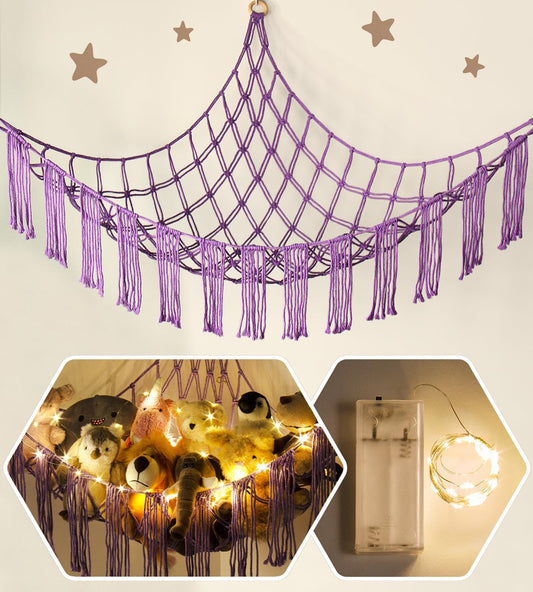 Stuffed Animal Hammock Corner with LED Light - Toy Storage Hammock Plushie Net Organizer - Teddy Bear Stuffy Hammock - Purple Nursery Decor Baby Kids Bedroom Nursery Furniture