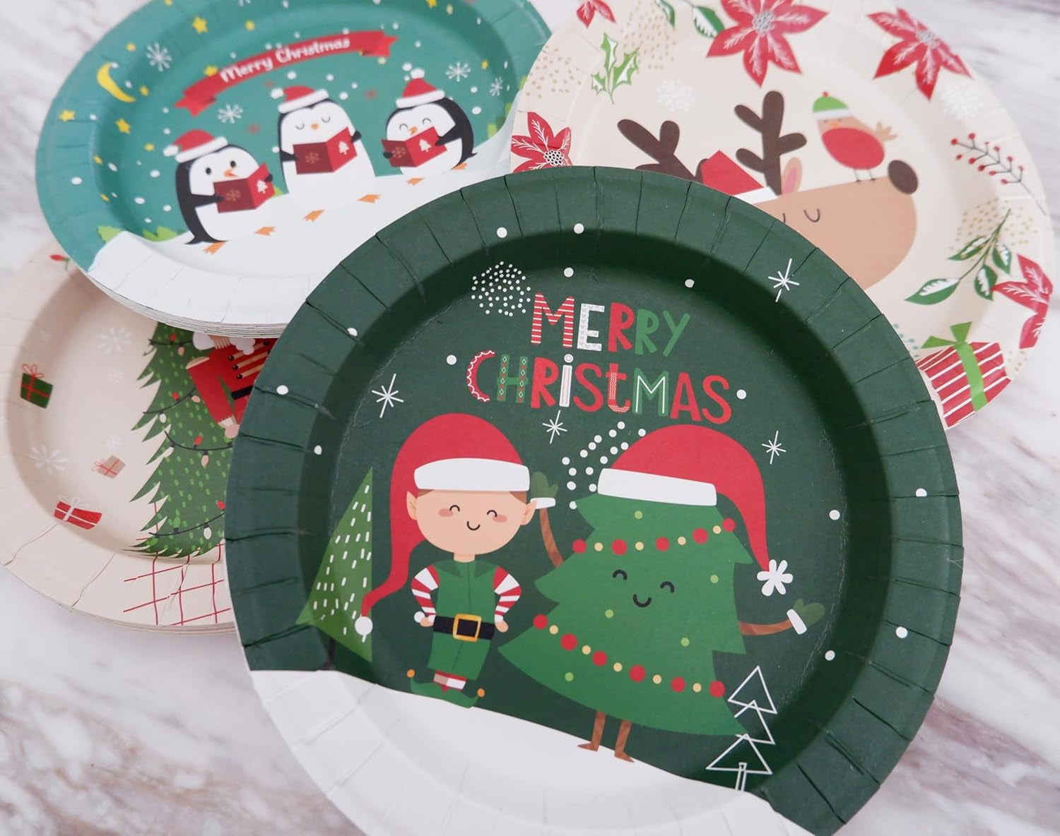 Paper Plates - 60-Count 8" X 8" Disposable Christmas Party Supply Dessert Plates in 6 Designs (Red, Green)