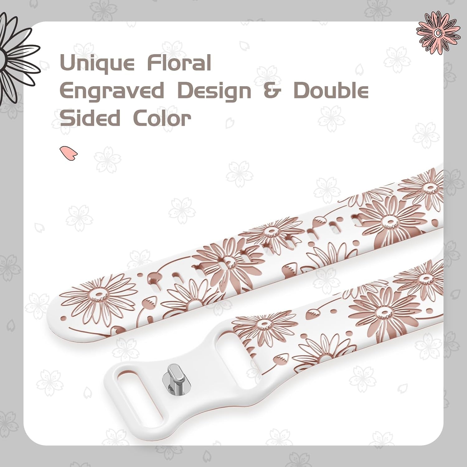 Designer Floral Engraved Band Compatible with Apple Watch Bands 40Mm 38Mm 41Mm 42/44/45/49Mm,Two-Tone Flower Soft Silicone Sport Strap for Iwatch Series 9 Ultra SE 8 7 6 5 4 3 2 Girl Pink