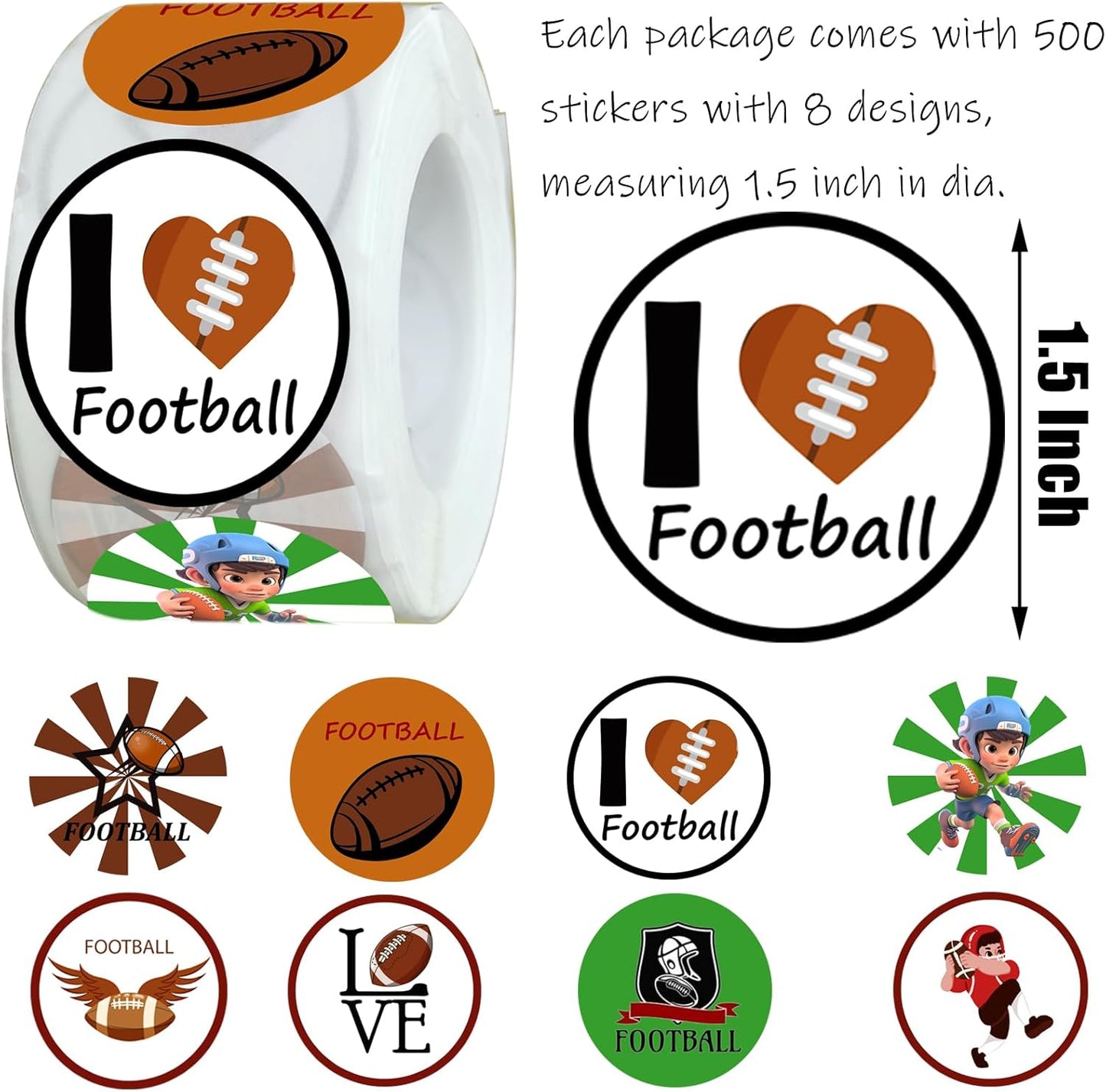 500 Pieces Football Labels Roll Stickers - Super Bowl Sports/Football Birthday Party Supplies Decorations Favors Jar Containers Letter DIY Sticker Labels Decals