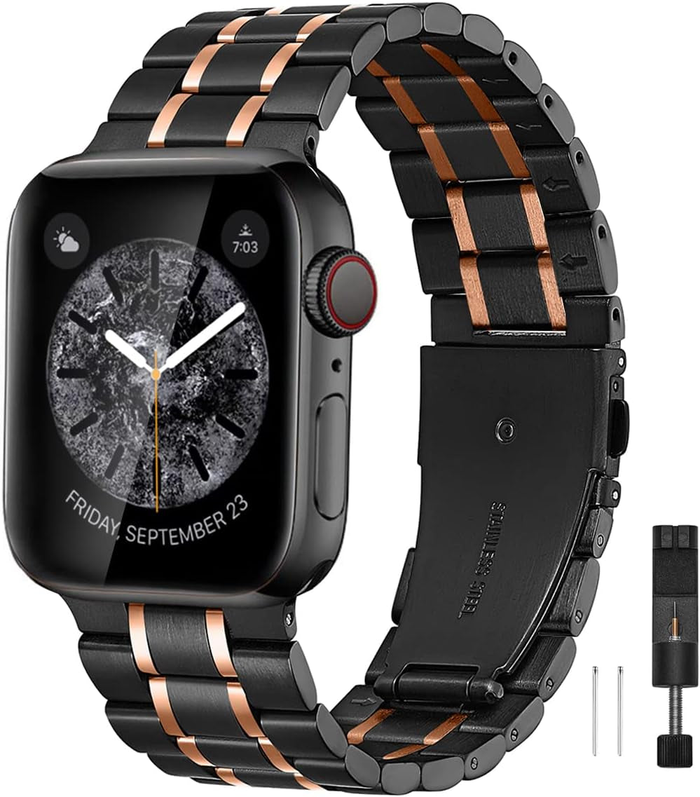 Compatible for Apple Watch Band 42Mm 44Mm 45Mm 49Mm, Stainless Steel Metal Adjustable Sport Business Wristband Bracelet Strap for Iwatch Series Ultra 8 7 6 SE 5 4 3 2 1 (Black/Rose Gold)