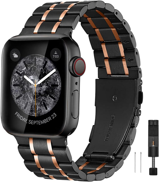 Compatible for Apple Watch Band 42Mm 44Mm 45Mm 49Mm, Stainless Steel Metal Adjustable Sport Business Wristband Bracelet Strap for Iwatch Series Ultra 8 7 6 SE 5 4 3 2 1 (Black/Rose Gold)