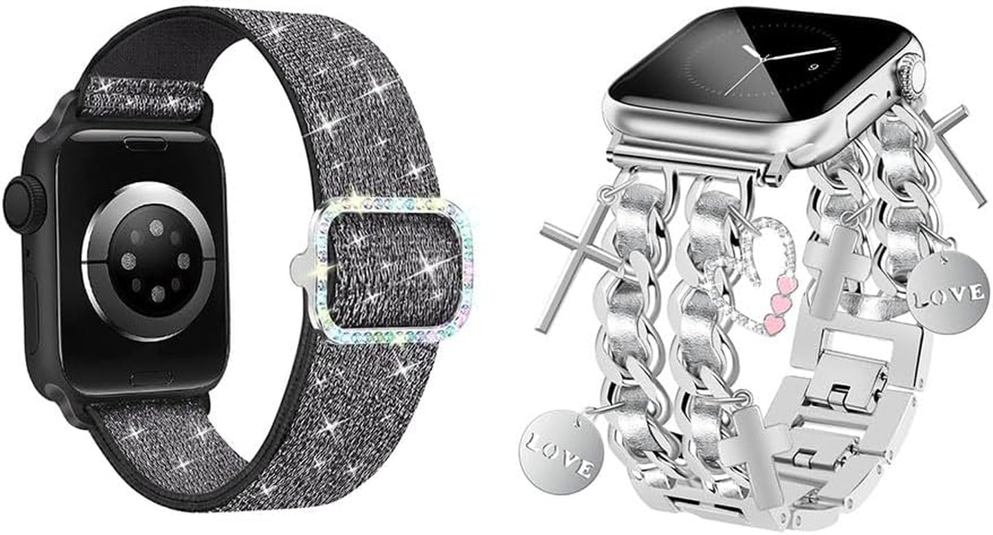 Bling Stretchy Nylon Band Silver Watch Bands for Women Compatible with Apple Watch Band 38Mm 40Mm 41Mm 42Mm (S10) Adjustable Unique Charms Metal Strap for Iwatch Series 10/9/8/7/6/5/4/3/2/1