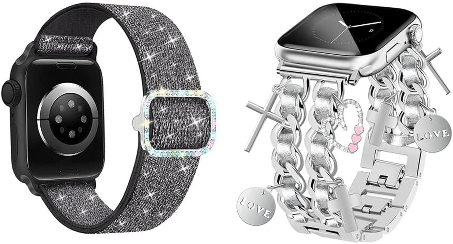 Bling Stretchy Nylon Band Silver Watch Bands for Women Compatible with Apple Watch Band 38Mm 40Mm 41Mm 42Mm (S10) Adjustable Unique Charms Metal Strap for Iwatch Series 10/9/8/7/6/5/4/3/2/1