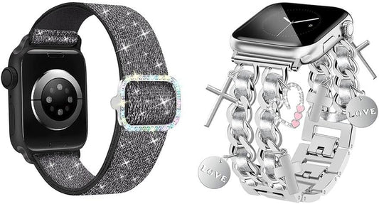 Bling Stretchy Nylon Band Silver Watch Bands for Women Compatible with Apple Watch Band 38Mm 40Mm 41Mm 42Mm (S10) Adjustable Unique Charms Metal Strap for Iwatch Series 10/9/8/7/6/5/4/3/2/1