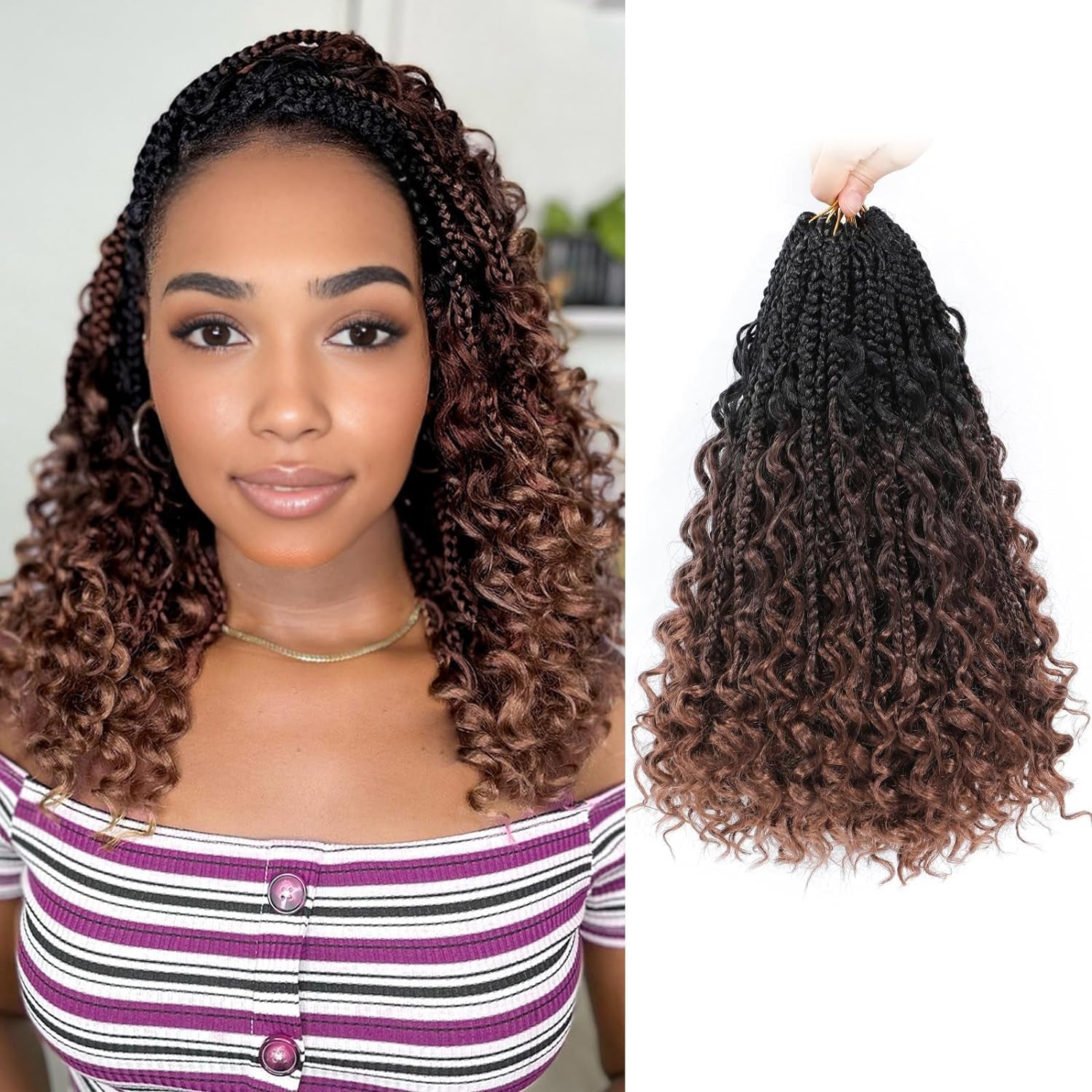 Goddess Box Braids Crochet Hair 10 Inch Boho Crochet Box Braids with Curly Ends, 9 Packs Bohomian Box Braids Crochet Hair for Black Women Pre Looped Box Braids Crochet Hair (10Inch,1B/4/30)