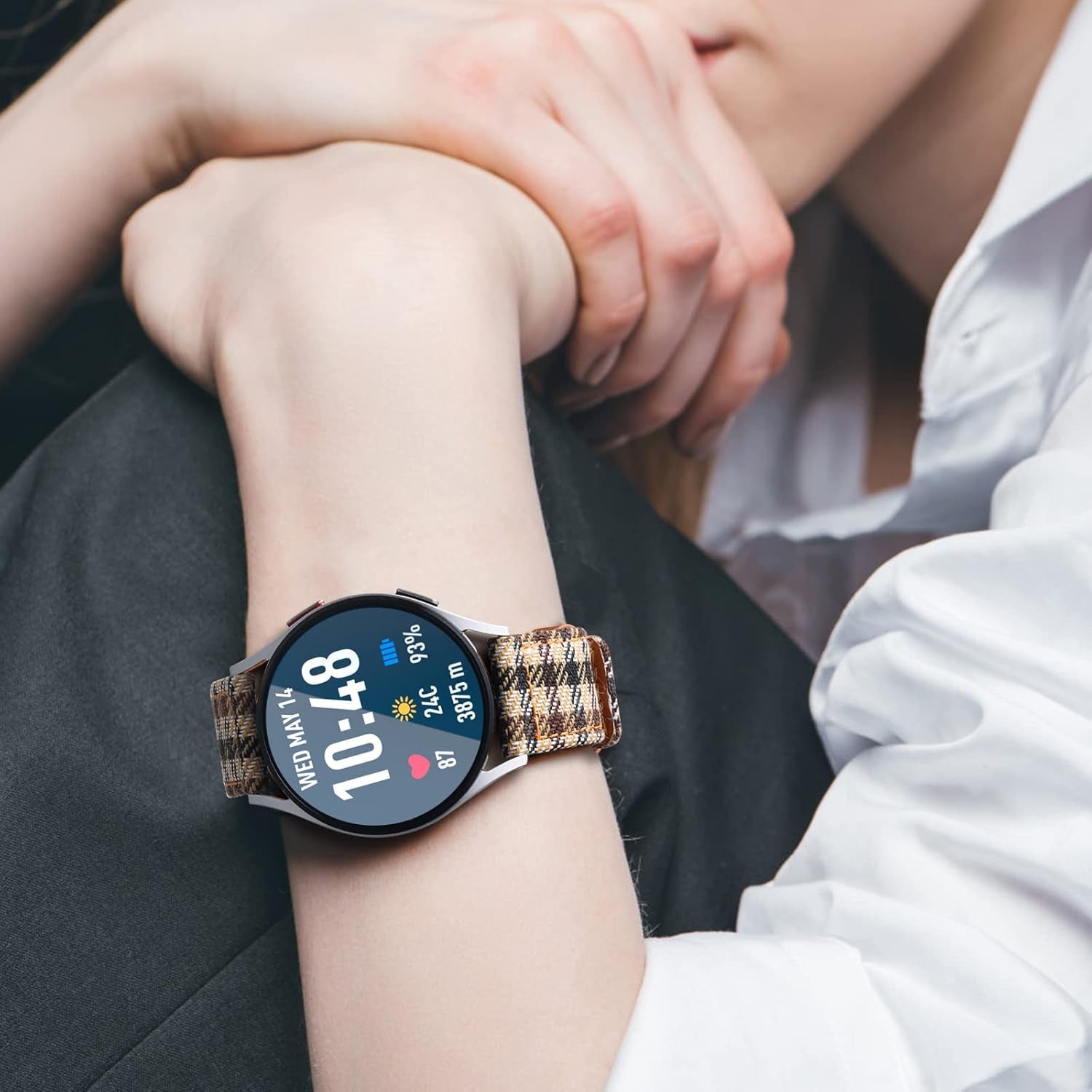 Leather Band for Galaxy Watch 4 44/40Mm, Canvas Plaid plus Leather Lining Band Samsung Galaxy Watch 4 Classic(42/46Mm)/Active 2(40/44Mm)/Galaxy Watch 3 41Mm Band for Women